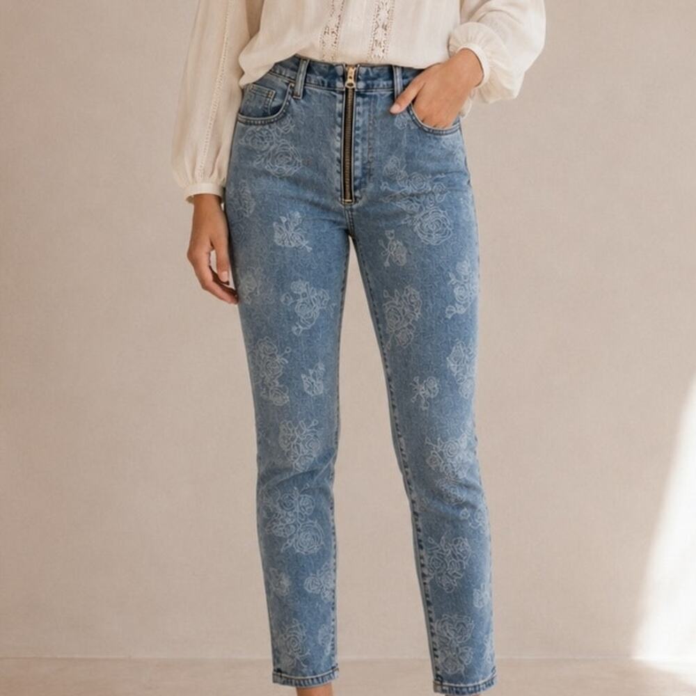 Baldwin Blue Denim Floral Harper Exposed Zipper Raw Hem Jeans NWT 30